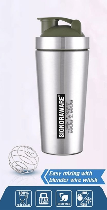 SignoraWare Charger Stainless Steel Protein Shaker Bottle for Pre-Post Workout | Water Bottle | Leakproof with Knob (500ml | Silver | Set 1)