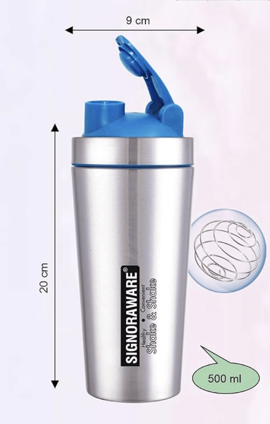SignoraWare Charger Stainless Steel Protein Shaker Bottle for Pre-Post Workout | Water Bottle | Leakproof with Knob (500ml | Silver | Set 1)