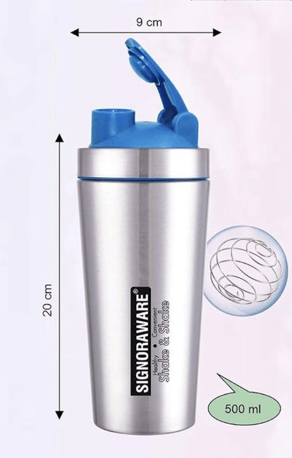 SignoraWare Charger Stainless Steel Protein Shaker Bottle for Pre-Post Workout | Water Bottle | Leakproof with Knob (500ml | Silver | Set 1)