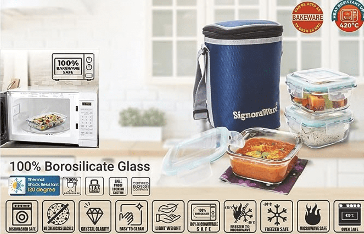 Signoraware Director High Microwave Safe Office Lunch Box Set with Bag | Borosilicate Glass | Safety Lock Airtight Tiffin Containers (Set of 3 – 320ml+320ml +320ml | Transparent)