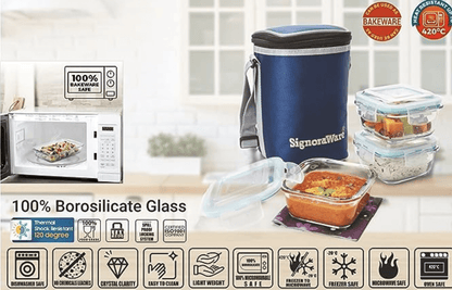 Signoraware Director High Microwave Safe Office Lunch Box Set with Bag | Borosilicate Glass | Safety Lock Airtight Tiffin Containers (Set of 3 – 320ml+320ml +320ml | Transparent)