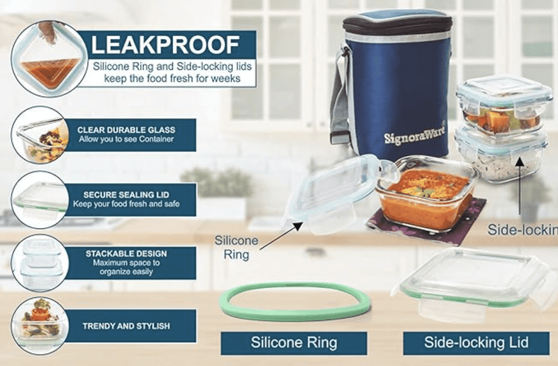 Signoraware Director High Microwave Safe Office Lunch Box Set with Bag | Borosilicate Glass | Safety Lock Airtight Tiffin Containers (Set of 3 – 320ml+320ml +320ml | Transparent)-2