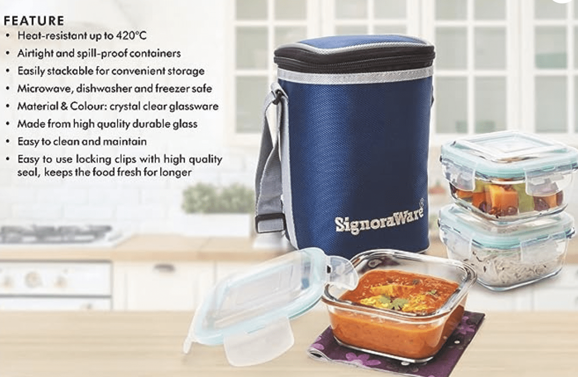 Signoraware Director High Microwave Safe Office Lunch Box Set with Bag | Borosilicate Glass | Safety Lock Airtight Tiffin Containers (Set of 3 – 320ml+320ml +320ml | Transparent)