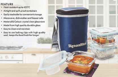 Signoraware Director High Microwave Safe Office Lunch Box Set with Bag | Borosilicate Glass | Safety Lock Airtight Tiffin Containers (Set of 3 – 320ml+320ml +320ml | Transparent)