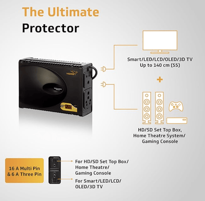 वी-गार्ड क्रिस्टल प्लस स्मार्ट टीवी स्टेबलाइजर डिजिटल डिस्प्ले के साथ 140 सेमी (55") टीवी + सेट टॉप बॉक्स + होम थिएटर सिस्टम/गेमिंग कंसोल के लिए (कार्य सीमा: 90-290 VAC; 3 A) 