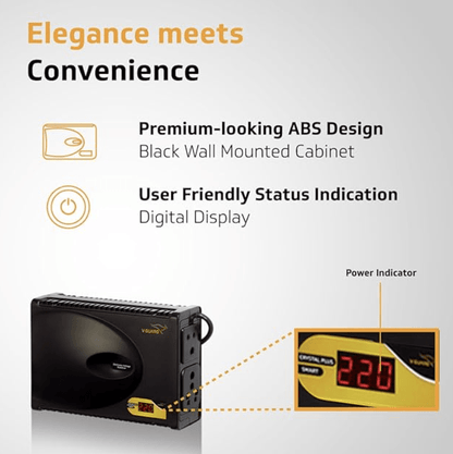 वी-गार्ड क्रिस्टल प्लस स्मार्ट टीवी स्टेबलाइजर डिजिटल डिस्प्ले के साथ 140 सेमी (55") टीवी + सेट टॉप बॉक्स + होम थिएटर सिस्टम/गेमिंग कंसोल के लिए (कार्य सीमा: 90-290 VAC; 3 A) 