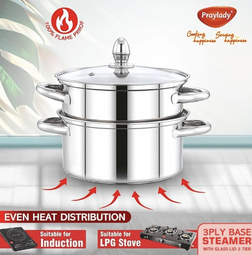 PrayLady Stainless steel 3 Ply Base Cookware Steamer Multi-Purposes Steamer Capacity - 2.0 Litre (2 Tier) (2 TIER STEAMER - 20 CM), Silver