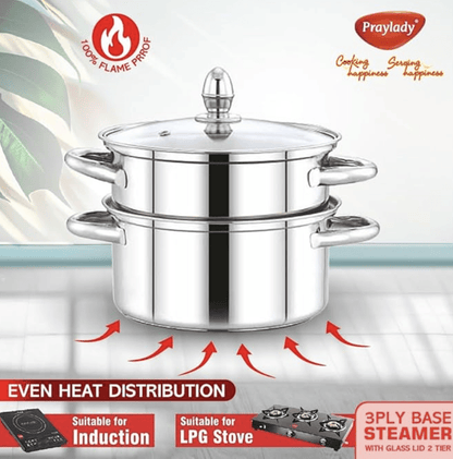 PrayLady Stainless steel 3 Ply Base Cookware Steamer Multi-Purposes Steamer Capacity - 2.0 Litre (2 Tier) (2 TIER STEAMER - 20 CM), Silver
