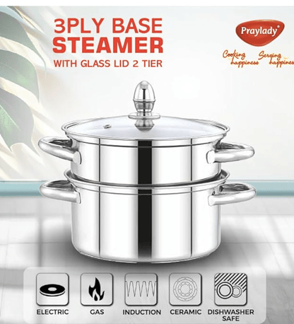 PrayLady Stainless steel 3 Ply Base Cookware Steamer Multi-Purposes Steamer Capacity - 2.0 Litre (2 Tier) (2 TIER STEAMER - 20 CM), Silver