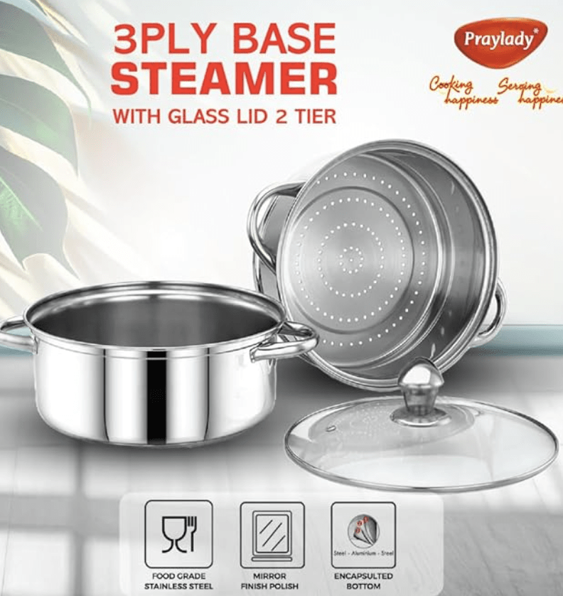 PrayLady Stainless steel 3 Ply Base Cookware Steamer Multi-Purposes Steamer Capacity - 2.0 Litre (2 Tier) (2 TIER STEAMER - 20 CM), Silver-5