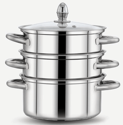 PrayLady Stainless steel 3 Ply Base Cookware Steamer Multi-Purposes Steamer Capacity - 2.0 Litre (3 Tier) (3 TIER STEAMER - 20 CM), Silver-1