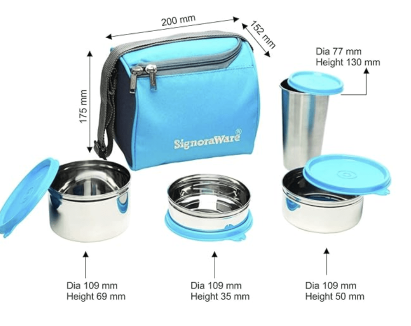 Signoraware Best Stainless-Steel Lunch Box Set 4 with Bag | Stainless-Steel Leak-Proof Containers | Full Meal Boxes (Container Size 350mlx1 | 500mlx1 | 200mlx1 & Glass Tumbler 370mlx1 | Colour Blue)