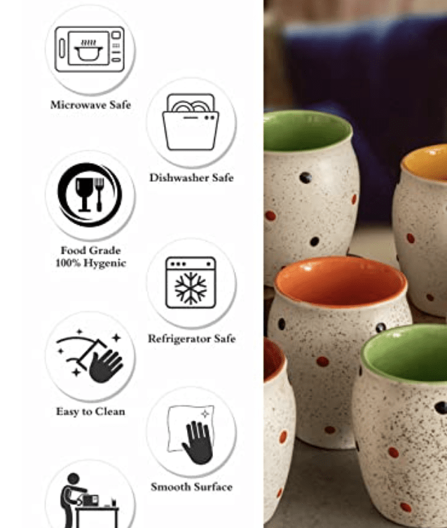 Roxx Stoneware Coffee Dotty Kulhar Set of 6 Pieces, 180 ML, ROXX-3458