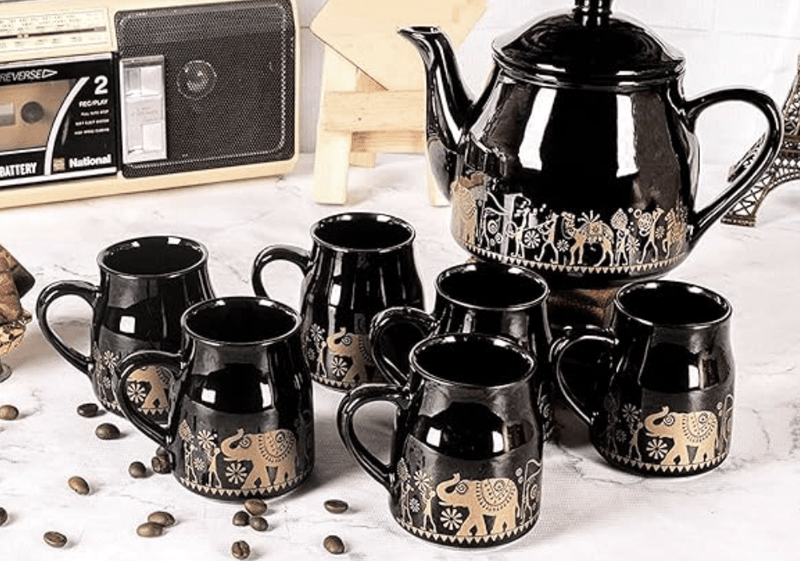 ROXX Pure Ceramic Pastel Flask Microwave Safe Tea/Coffee Cups with Kettle Morning Set Ideal for Friends, Anniversary, Valentine Day, Birthday/1 Kettle + 6 Tea Cups (Multicolor) (Black)-3