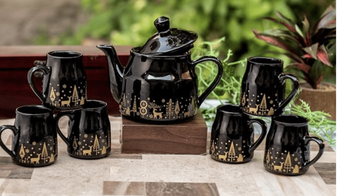 ROXX Pure Ceramic Pastel Flask Microwave Safe Tea/Coffee Cups with Kettle Morning Set Ideal for Friends, Anniversary, Valentine Day, Birthday/1 Kettle + 6 Tea Cups (Multicolor) (Black)