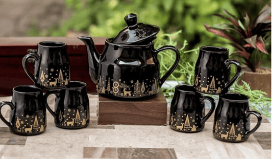 ROXX Pure Ceramic Pastel Flask Microwave Safe Tea/Coffee Cups with Kettle Morning Set Ideal for Friends, Anniversary, Valentine Day, Birthday/1 Kettle + 6 Tea Cups (Multicolor) (Black)