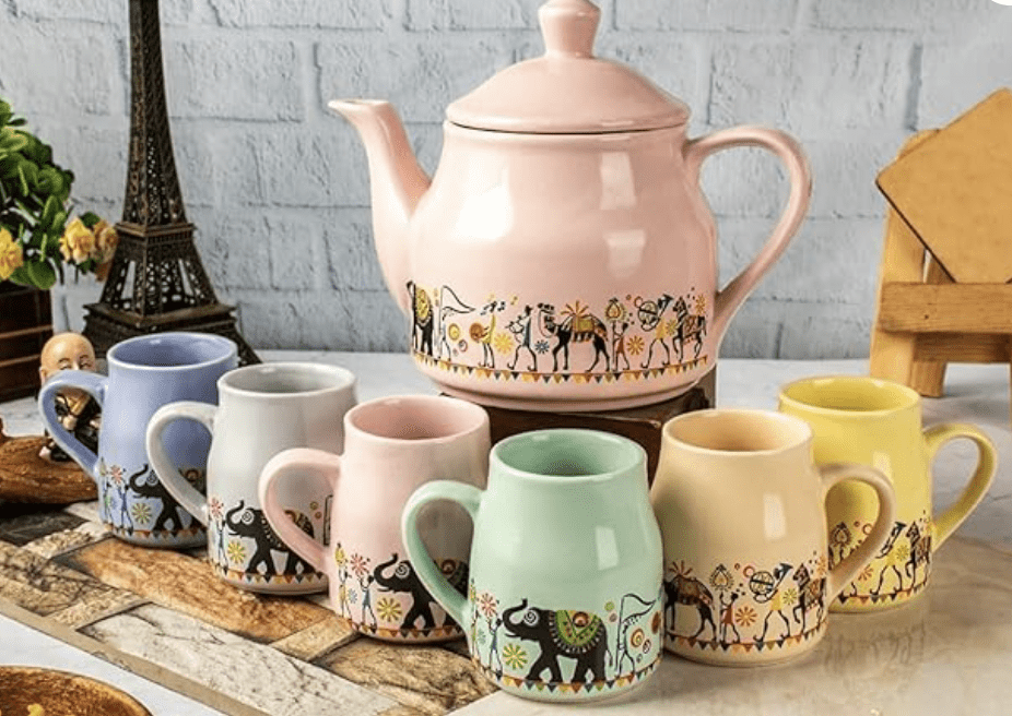 ROXX Pure Ceramic Pastel Flask Microwave Safe Tea/Coffee Cups with Kettle Morning Set Ideal for Friends, Anniversary, Valentine Day, Birthday/1 Kettle + 6 Tea Cups (Multicolor) (Multicolor)