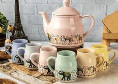 ROXX Pure Ceramic Pastel Flask Microwave Safe Tea/Coffee Cups with Kettle Morning Set Ideal for Friends, Anniversary, Valentine Day, Birthday/1 Kettle + 6 Tea Cups (Multicolor) (Multicolor)-1