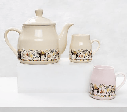 ROXX Pure Ceramic Pastel Flask Microwave Safe Tea/Coffee Cups with Kettle Morning Set Ideal for Friends, Anniversary, Valentine Day, Birthday/1 Kettle + 6 Tea Cups (Multicolor) (Multicolor)