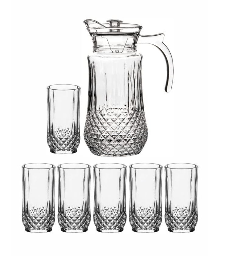 Roxx Glass Longchamp Drink Water and Juice Glasses Set of 6 Pieces 260ml & 1 Piece Jug 1500ml