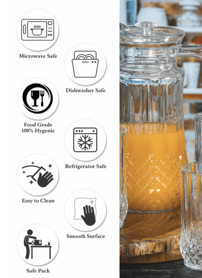 Roxx Glass Longchamp Drink Water and Juice Glasses Set of 6 Pieces 260ml & 1 Piece Jug 1500ml