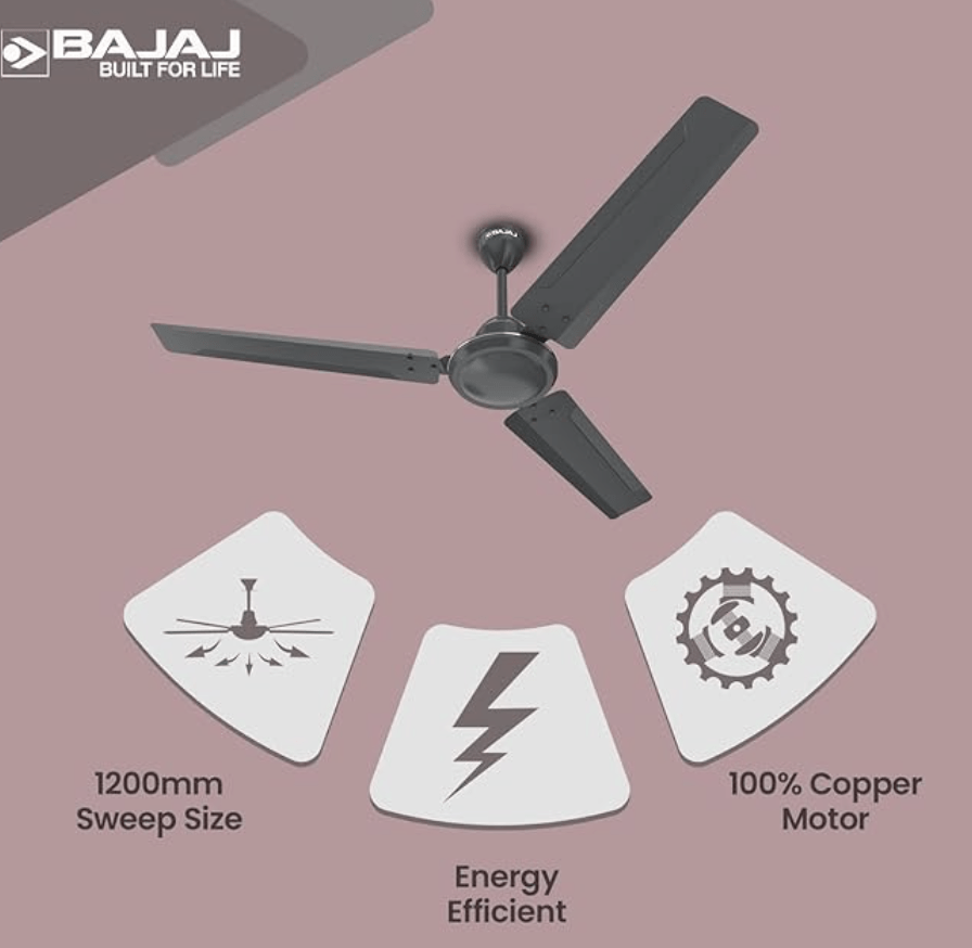 Bajaj Classico 12S1 1200mm (48") Ceiling Fans for Home |BEE Star Rated Energy Efficient Ceiling Fan|Thermatuff Technology™|100% Copper Motor|HighSpeed| 3-Yr Warranty Coal Mine Grey