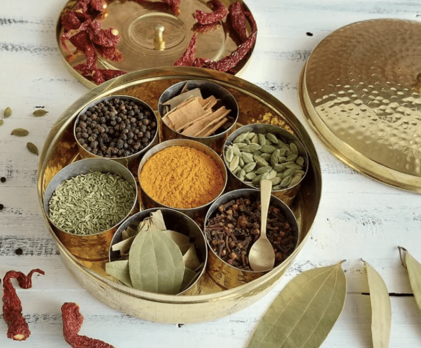 BRASS SPICE BOX- LARGE WITH TIN COATING & PLATE