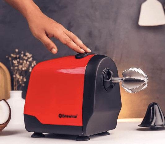 Brewine 2-in-1 Coconut Scraper & Citrus Juicer with Dual Speed Settings, Cooling Fan for Ventilation, Stainless Steel Scraping Blade, Splash Guard, Super Suction Feet for Stability, Red, 200 Watts