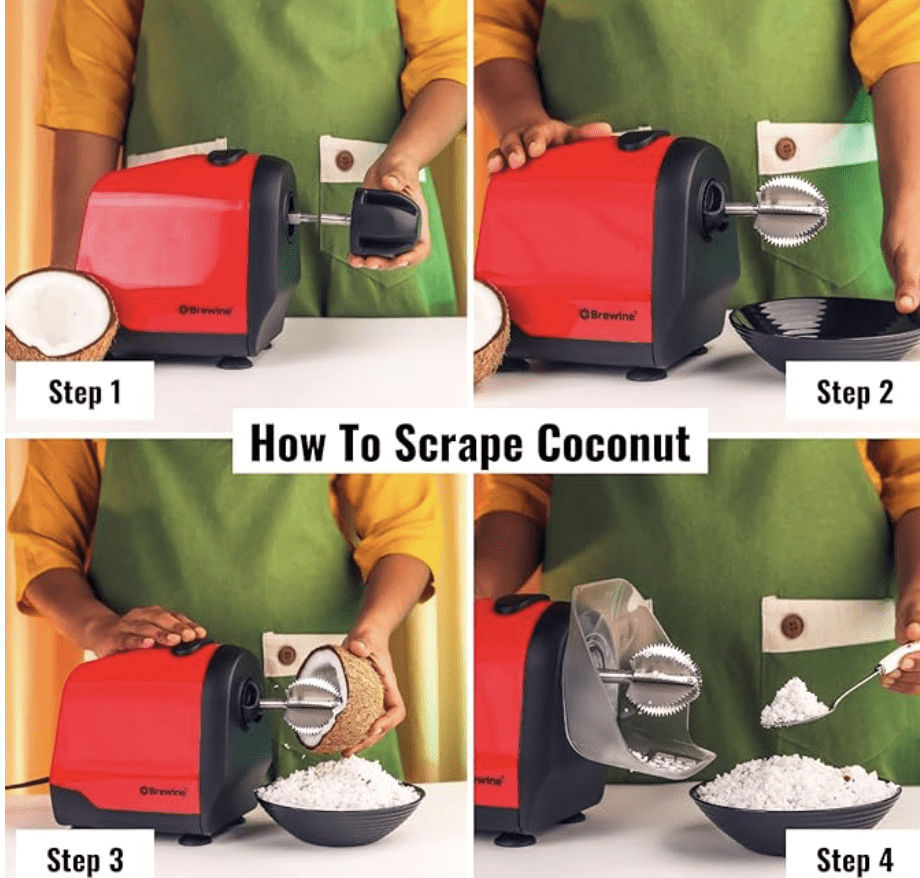 Brewine 2-in-1 Coconut Scraper & Citrus Juicer with Dual Speed Settings, Cooling Fan for Ventilation, Stainless Steel Scraping Blade, Splash Guard, Super Suction Feet for Stability, Red, 200 Watts