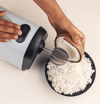 Brewine 2-in-1 Coconut Scraper & Citrus Juicer with Dual Speed Settings, Cooling Fan for Ventilation, Stainless Steel Scraping Blade, Splash Guard, Super Suction Feet for Stability, Blue, 200 Watts