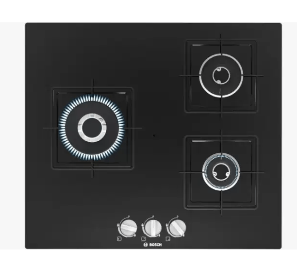 BOSCH Built-in Gas Hob Black Tempered Glass 3 Burner 60cm True brass(PNC6B6B11I) Glass Automatic Hob  (3 Burners)