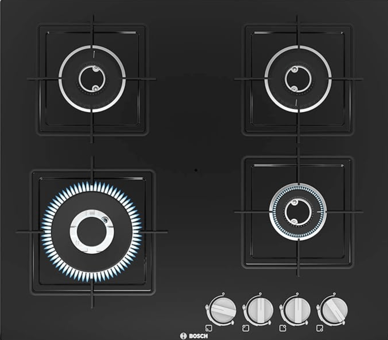 Bosch Built in Gas Hob Black Tempered glass Glass 4 Burner Auto Ignition 60 cm Italian Double Ring Burners (PNH6B6B12I)