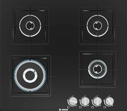 Bosch Built in Gas Hob Black Tempered glass Glass 4 Burner Auto Ignition 60 cm Italian Double Ring Burners (PNH6B6B12I)