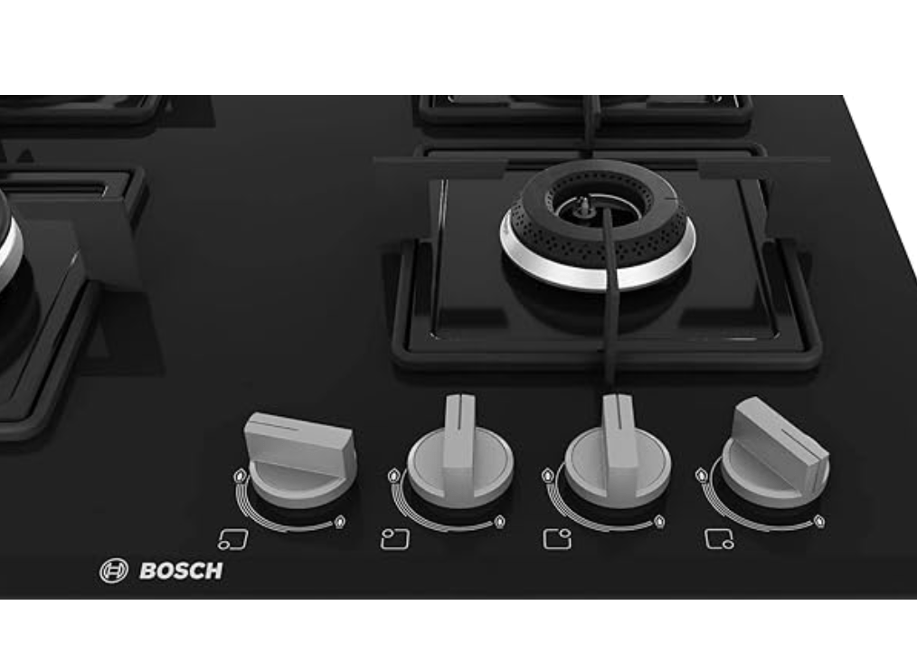 Bosch Built in Gas Hob Black Tempered glass Glass 4 Burner Auto Ignition 60 cm Italian Double Ring Burners (PNH6B6B12I)