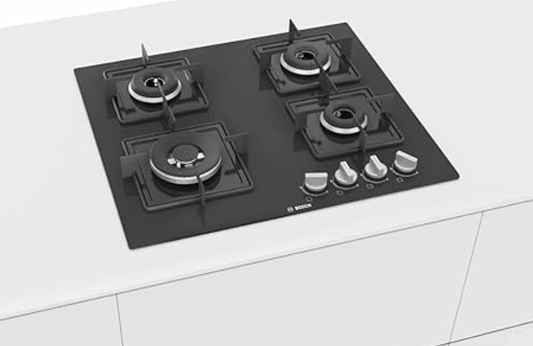 Bosch Built in Gas Hob Black Tempered glass Glass 4 Burner Auto Ignition 60 cm Italian Double Ring Burners (PNH6B6B12I)