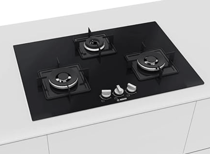 Bosch Built in Gas Hob Black Tempered glass Glass 3 Burner Auto Ignition 75 cm Italian Double Ring Burners (PND7B6B10I)