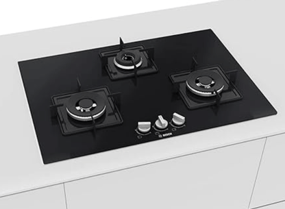 Bosch Built in Gas Hob Black Tempered glass Glass 3 Burner Auto Ignition 75 cm Italian Double Ring Burners (PND7B6B10I)