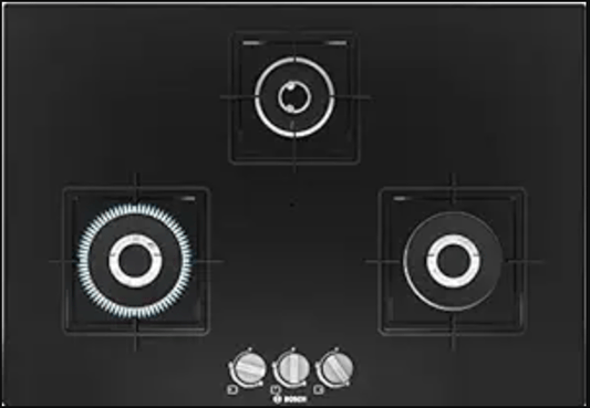 Bosch Built in Gas Hob Black Tempered glass Glass 3 Burner Auto Ignition 75 cm Italian Double Ring Burners (PND7B6B10I)