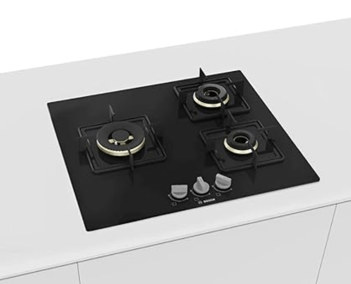 Bosch Built in Gas Hob Black Tempered glass Glass 3 Burner Auto Ignition 60 cm True Brass 2D Ring Burners with Glossy Black Heat Shields & Enameld pan supports (PNC6B6F10I)