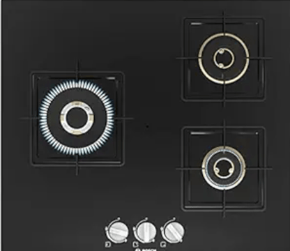 Bosch Built in Gas Hob Black Tempered glass Glass 3 Burner Auto Ignition 60 cm True Brass 2D Ring Burners with Glossy Black Heat Shields & Enameld pan supports (PNC6B6F10I)