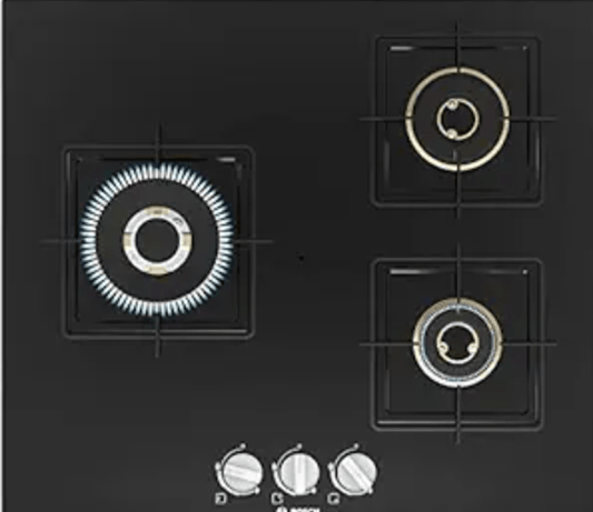 Bosch Built in Gas Hob Black Tempered glass Glass 3 Burner Auto Ignition 60 cm True Brass 2D Ring Burners with Glossy Black Heat Shields & Enameld pan supports (PNC6B6F10I)
