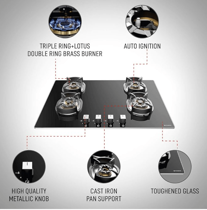 Faber Hob/Hobtop 4 Brass Burner Auto Electric Ignition,Glass Top (Nexus IND HT784 CRS BR CI AI) Black
