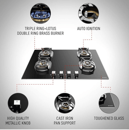 Faber Hob/Hobtop 4 Brass Burner Auto Electric Ignition,Glass Top (Nexus IND HT784 CRS BR CI AI) Black