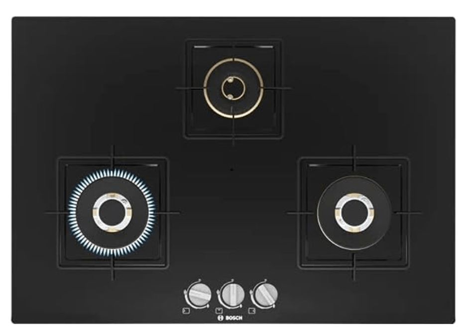 Bosch Built in Gas Hob Black Tempered glass Glass 3 Burner Auto Ignition 75 cm True Brass 2D Ring Burners with Glossy Black Heat Shields & Enameld pan supports (PND7B6F10I)