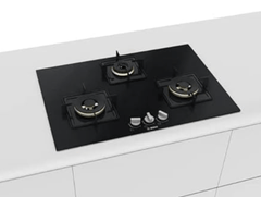 Bosch Built in Gas Hob Black Tempered glass Glass 3 Burner Auto Ignition 75 cm True Brass 2D Ring Burners with Glossy Black Heat Shields & Enameld pan supports (PND7B6F10I)-2