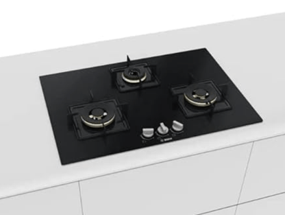 Bosch Built in Gas Hob Black Tempered glass Glass 3 Burner Auto Ignition 75 cm True Brass 2D Ring Burners with Glossy Black Heat Shields & Enameld pan supports (PND7B6F10I)