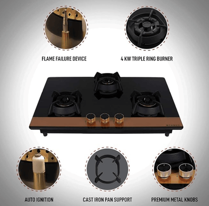 Faber Hobtop Utopia HT783 CRS BR CI AI 3 Brass Burner Auto Electric Ignition Glass Top (Black)