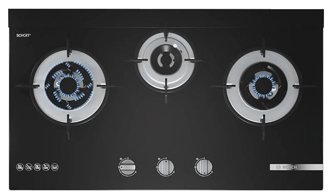 Bosch Built in Gas Hob Black Tempered glass Glass 3 Burner Auto Ignition 70 cm 2 Mini Triple Ring Brass Burner and 1 Double Ring Brass (PMD83D31NX)