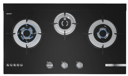 Bosch Built in Gas Hob Black Tempered glass Glass 3 Burner Auto Ignition 70 cm 2 Mini Triple Ring Brass Burner and 1 Double Ring Brass (PMD83D31NX)