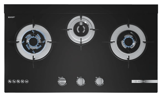 Bosch Built in Gas Hob Black Tempered glass Glass 3 Burner Auto Ignition 70 cm 2 Mini Triple Ring Brass Burner and 1 Double Ring Brass (PMD83D31NX)